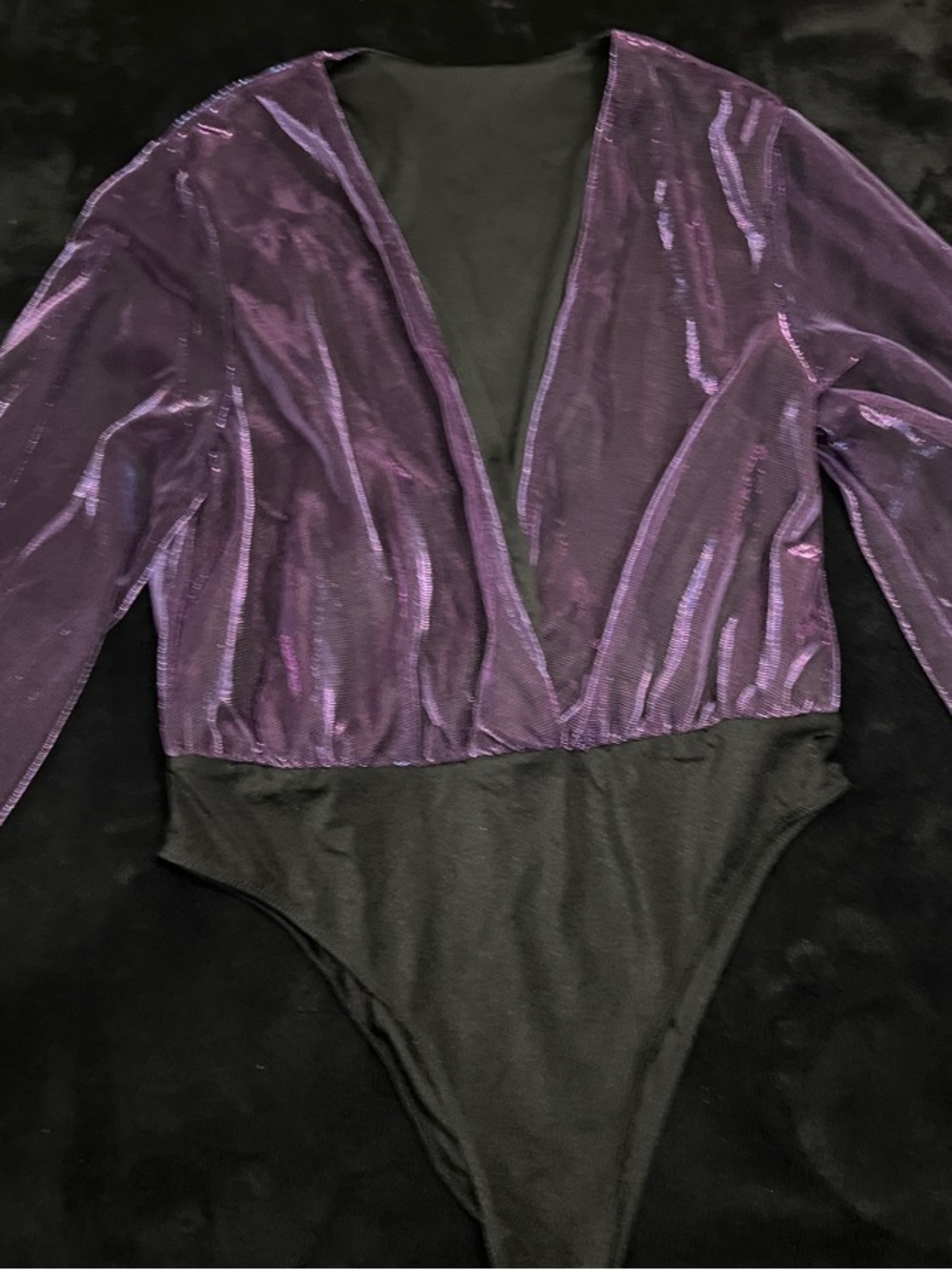 SHEIN Purple Sheer Long-Sleeve Plunge Bodysuit